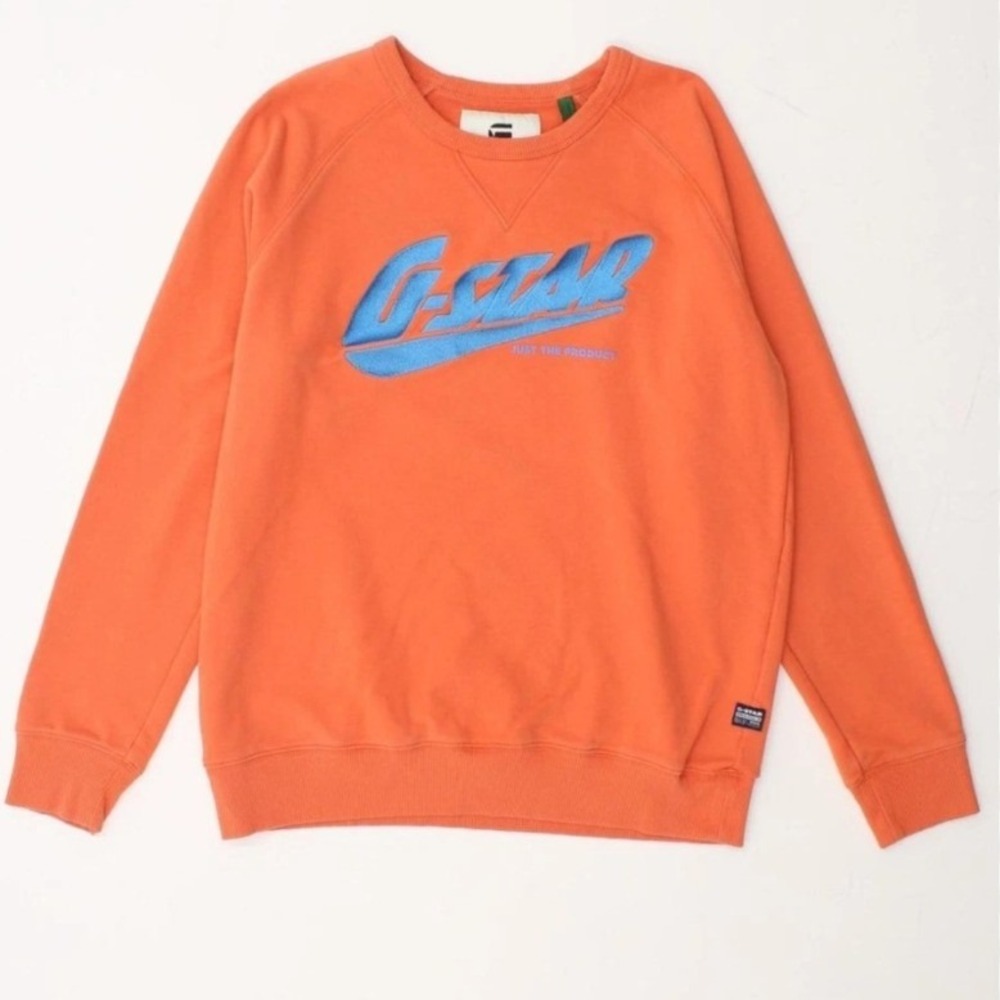 G-Star RAW Men's Orange Blue Graphic Logo Pullover Crew Sweater NWOT - XL